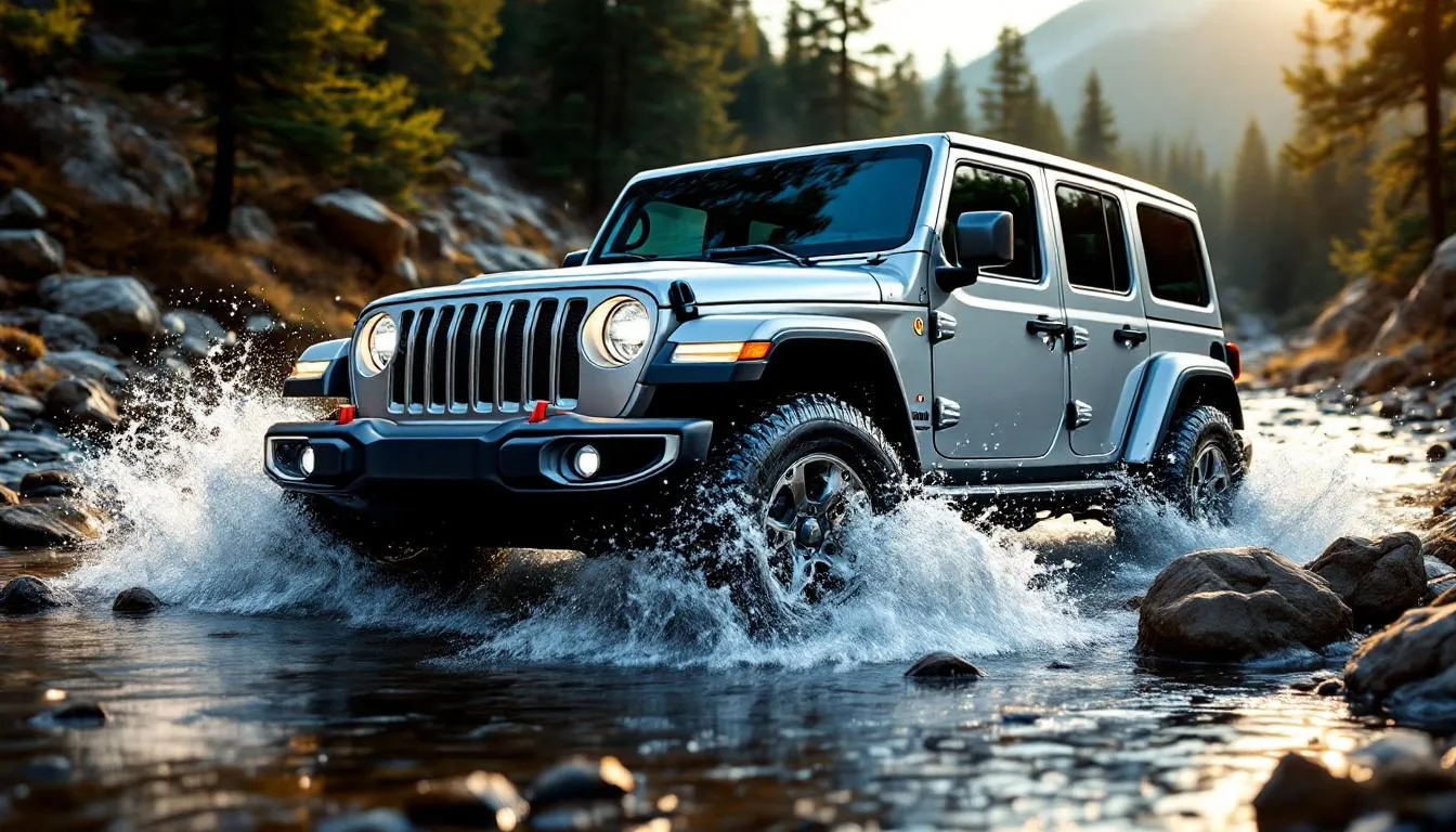 Jeep Wrangler JK crossing stream with water reaching mid-wheel height, demonstrating need for extended differential breather kit protection