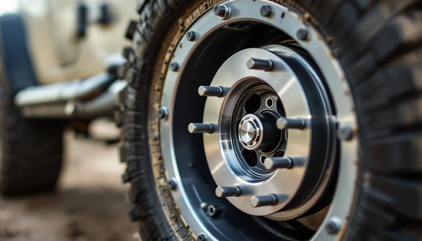 Hub-centric wheel spacers installed on Jeep JK Wrangler wheel hub showing extended studs and billet aluminum construction