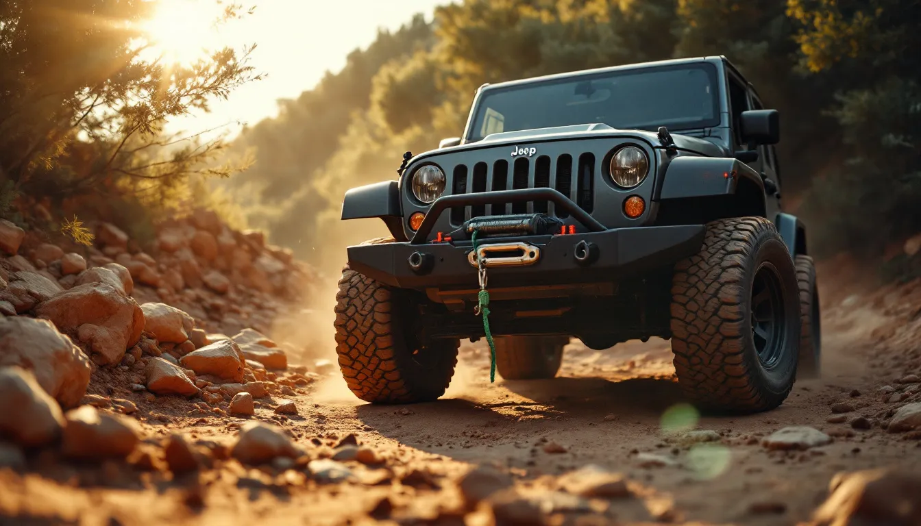 2014 Jeep Wrangler JKU with steel front bumper and synthetic rope winch mounted on a rocky off-road trail at golden hour
