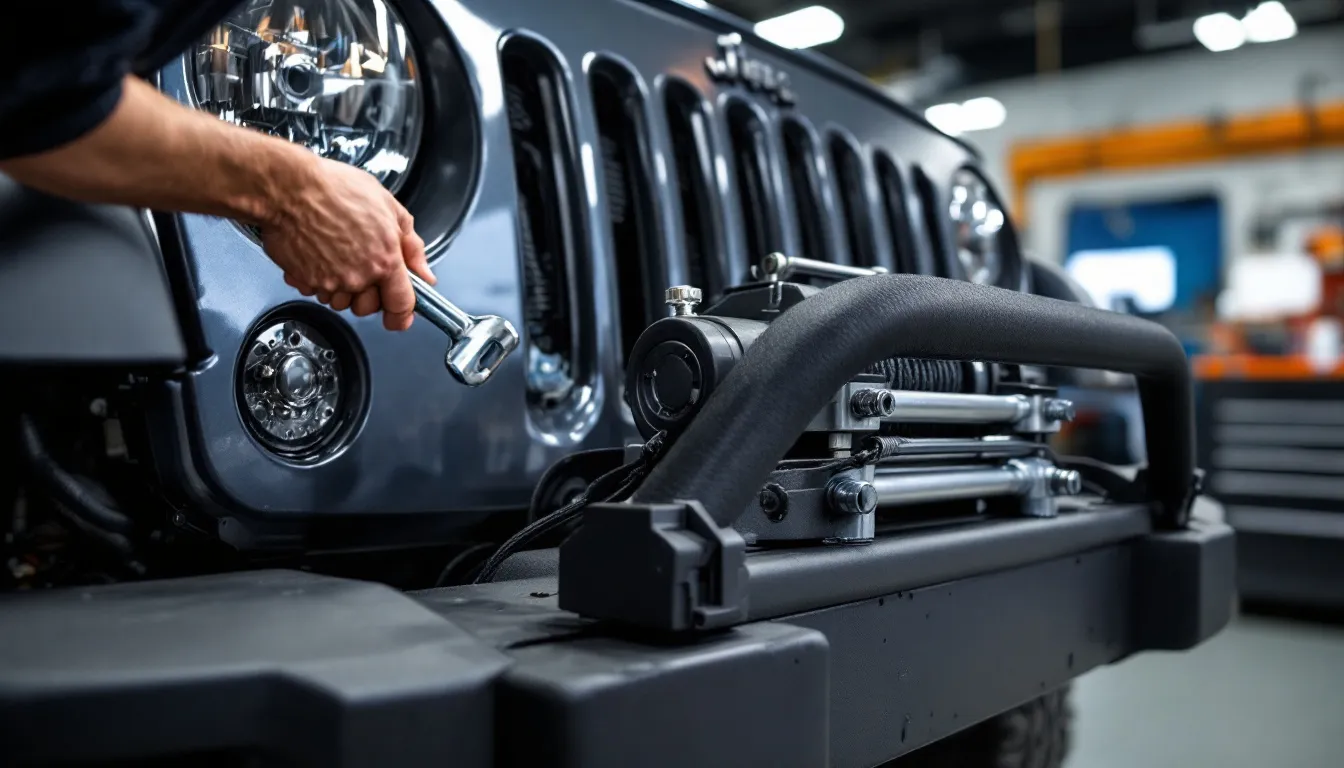 Installing a winch on Jeep JK steel front bumper with socket wrench tightening mounting bolts in workshop