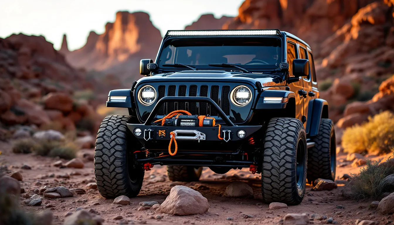 Jeep Wrangler JK with front-mounted winch on aftermarket steel bumper showing synthetic rope, parked on rocky trail with 35-inch tires