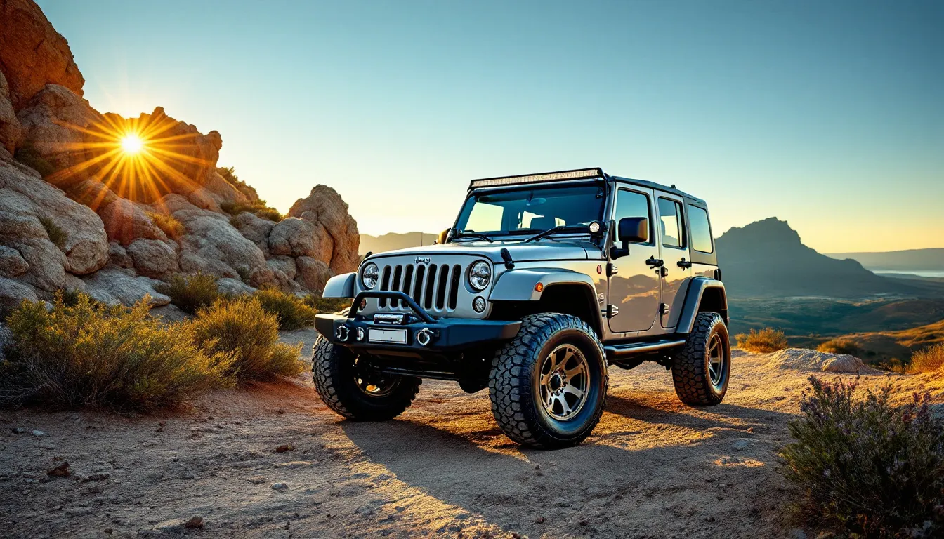 2014 Jeep Wrangler JKU Sahara with steel front bumper on rocky Western Cape terrain at golden hour, stock ride height and alloy wheels