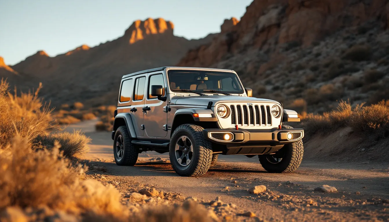 Silver Jeep Wrangler JK 2-door on a rocky dirt trail showing stock-height short-wheelbase profile in afternoon light