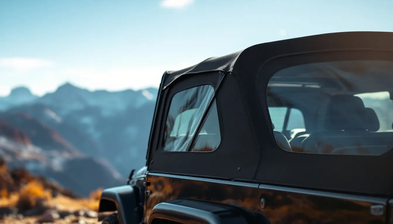 Black 2-door Jeep Wrangler JK with premium black soft top installed on mountain overlook showing fitted profile and tinted windows