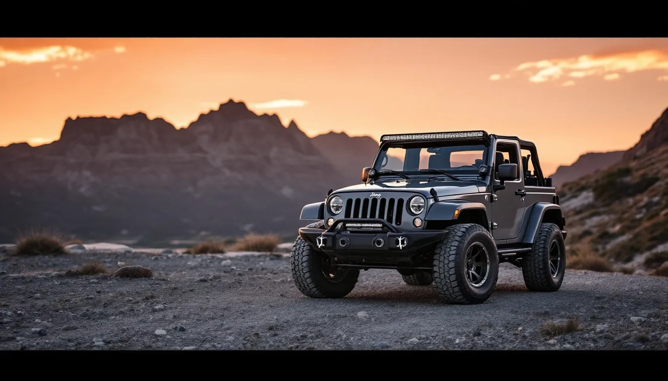 2014 Jeep Wrangler JKU Sahara in gunmetal grey with steel front bumper parked on a gravel overlook at sunset with Cape Town mountain backdrop — best accessories for a Jeep Wrangler JK