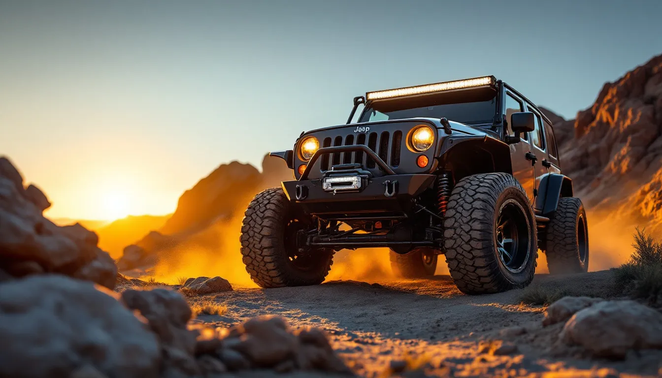Modified 2007-2018 Jeep Wrangler JK with lift kit, mud terrain tires, aftermarket bumper with winch, and LED light bar on a rocky mountain trail at golden hour