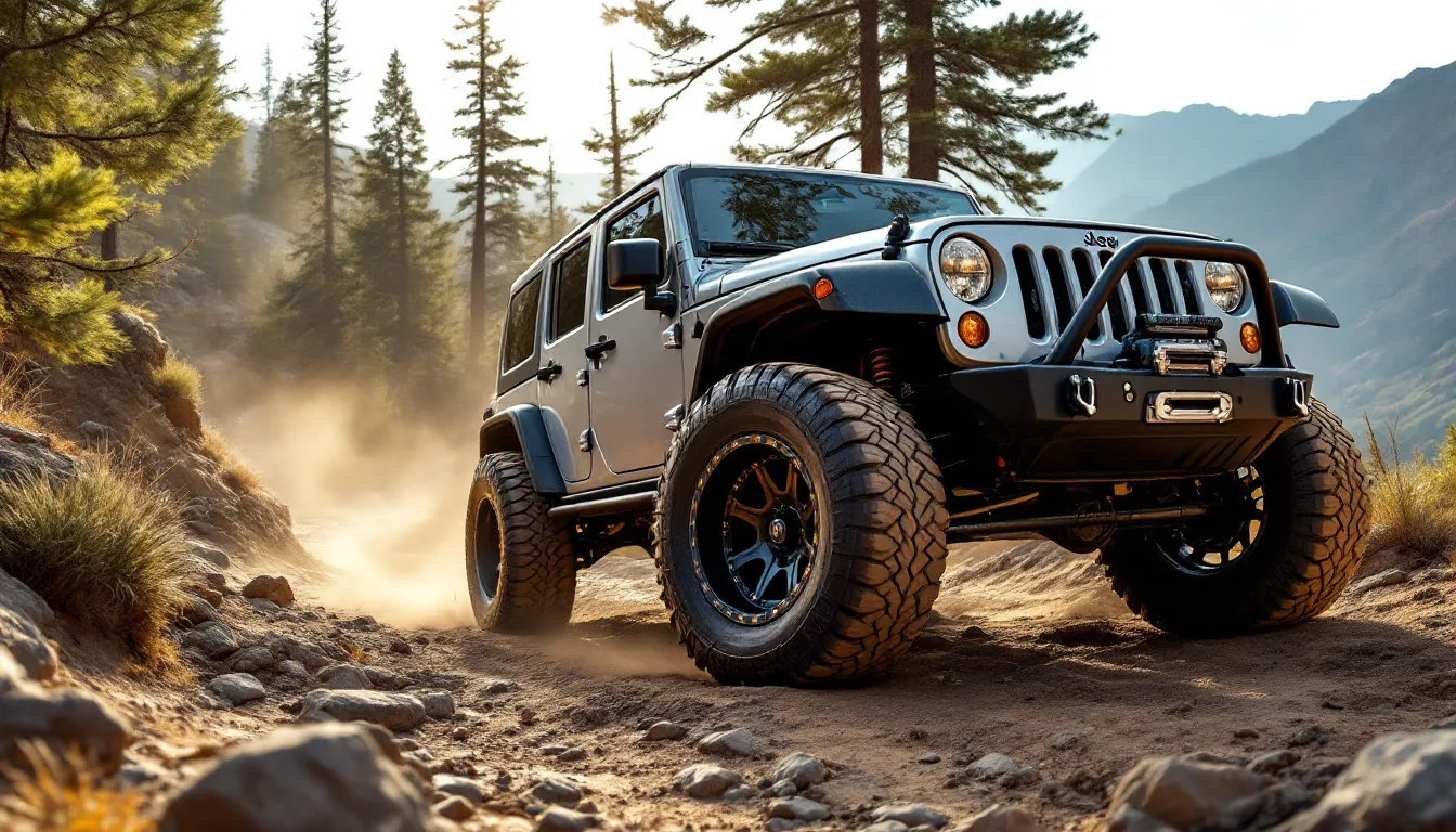Jeep Wrangler JK Unlimited with all-terrain tires on rugged trail showing proper wheel fitment and tire sizing