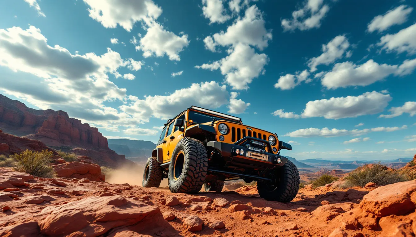 Jeep Wrangler JK Unlimited running large off-road tires on a rocky dirt trail with dramatic landscape in the background