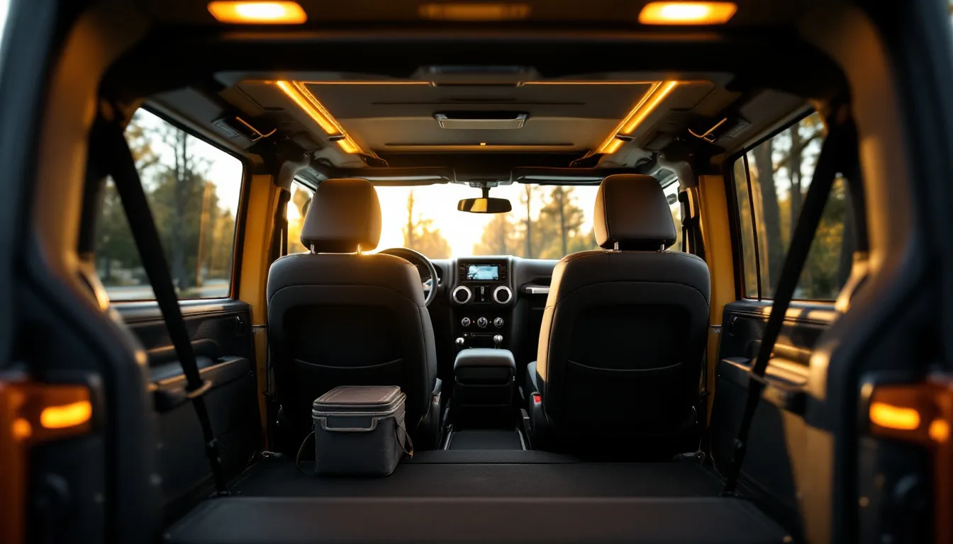 Upgraded Jeep Wrangler JK interior with aftermarket seat covers, LED cabin lighting, and cargo organizer viewed from open rear hatch