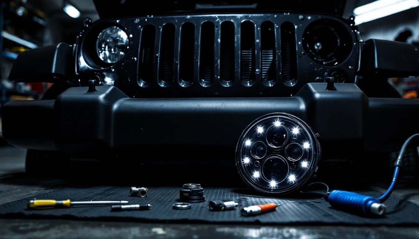 Jeep Wrangler JK front headlight housing removed during LED headlight installation with tools and LED unit laid out on garage floor