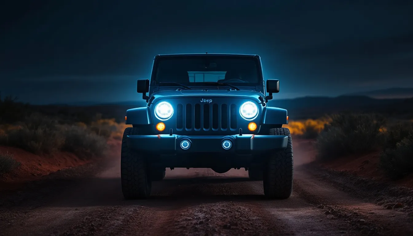 2007-2018 Jeep Wrangler JK with 7-inch round LED headlights blazing at dusk on a dirt road, showcasing a full LED headlight upgrade