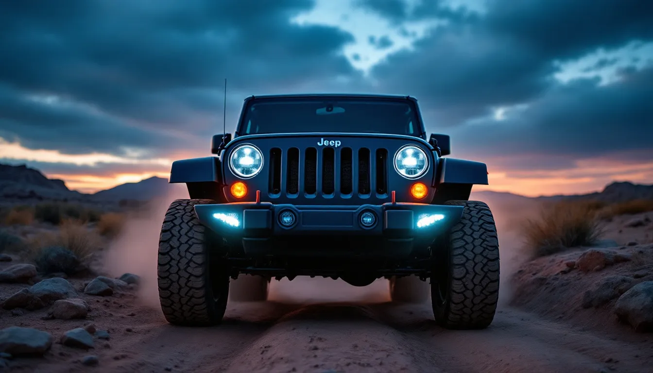 Jeep Wrangler JK on a dirt trail at dusk with LED fog lights and amber grille lights glowing against a dramatic evening sky