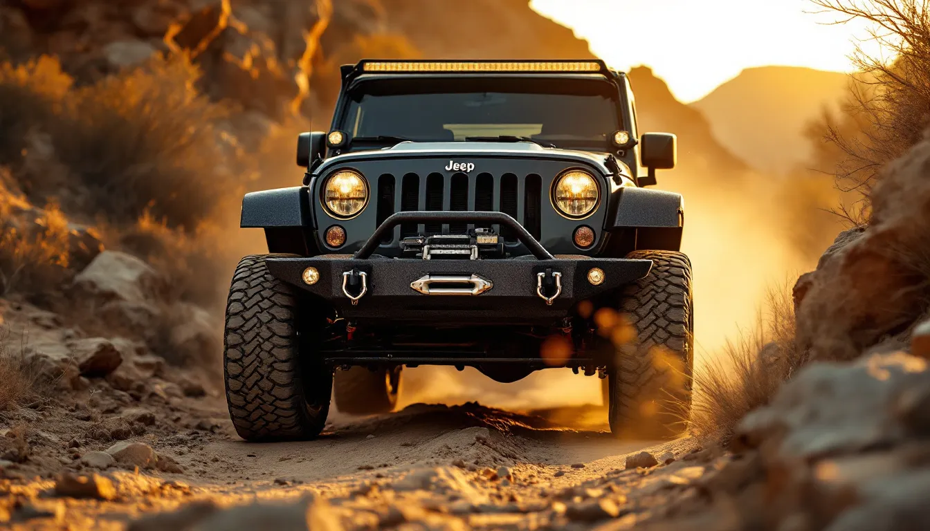 2007-2018 Jeep Wrangler JK fitted with a heavy-duty steel front bumper with D-rings and winch plate, parked on a rocky dirt trail at golden hour