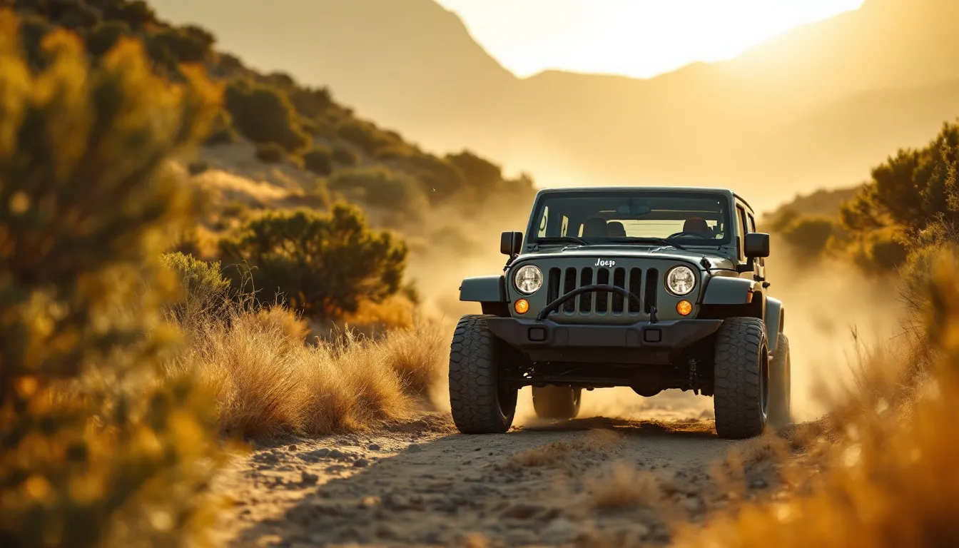 Jeep Wrangler JK Willys Edition on a dirt trail with rock rails and all-terrain tires, Western Cape scrubland background, late afternoon light