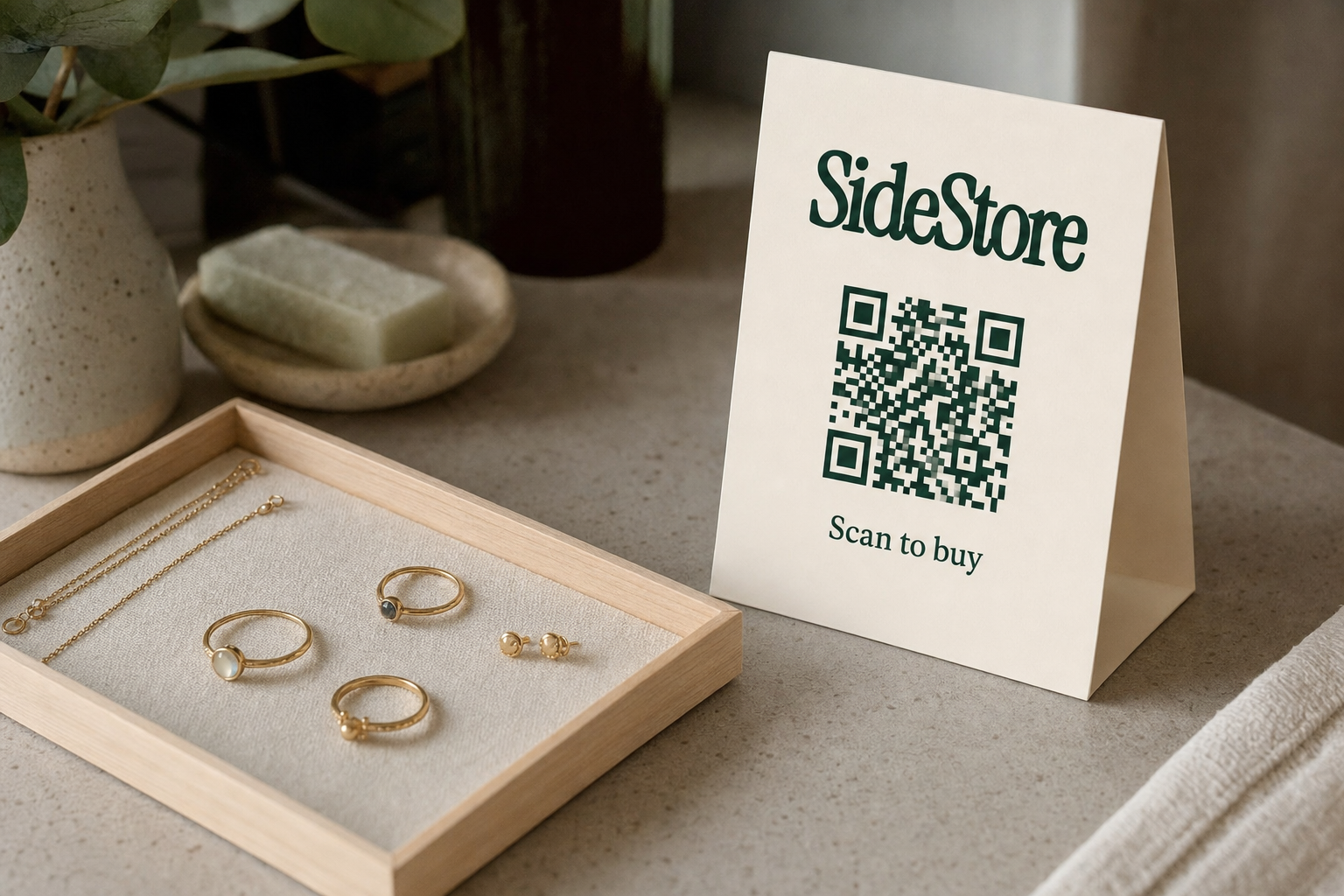 Handmade jewelry arranged on a wooden tray on a salon counter beside a standing ivory SideStore tent card with a navy green QR code