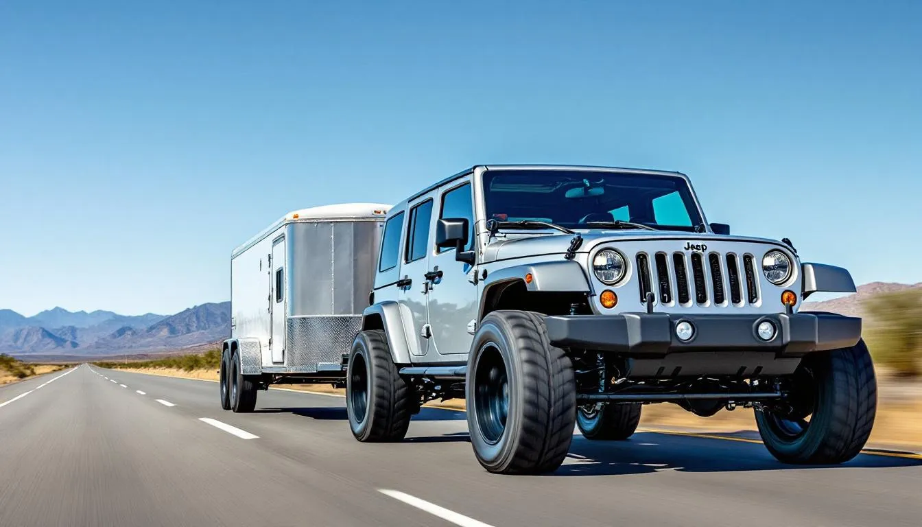 Lifted 2007-2018 Jeep Wrangler JK with heavy-duty suspension towing a utility trailer on highway