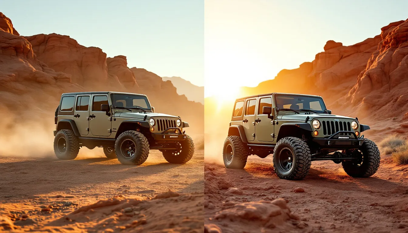 Side-by-side comparison of a stock Jeep JK Wrangler with factory suspension versus a lifted JK Wrangler with 35-inch tires on a rocky desert trail at golden hour