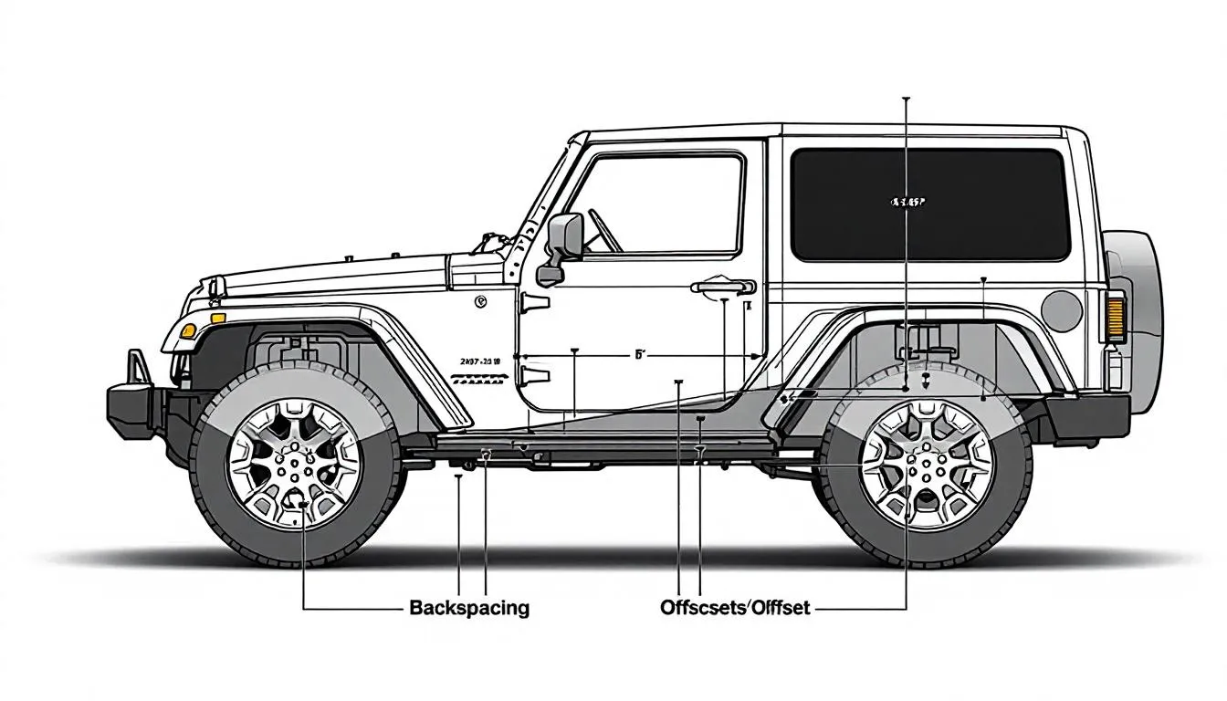 Jeep Wrangler JK wheel showing backspacing and offset measurements with technical dimension lines