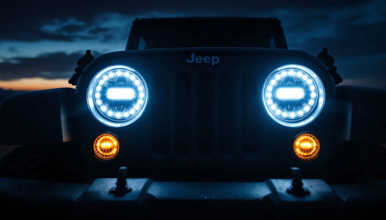 2007-2018 Jeep Wrangler JK at dusk with round LED headlights illuminated, showing bright white beam pattern from JW Speaker 8700 style housings