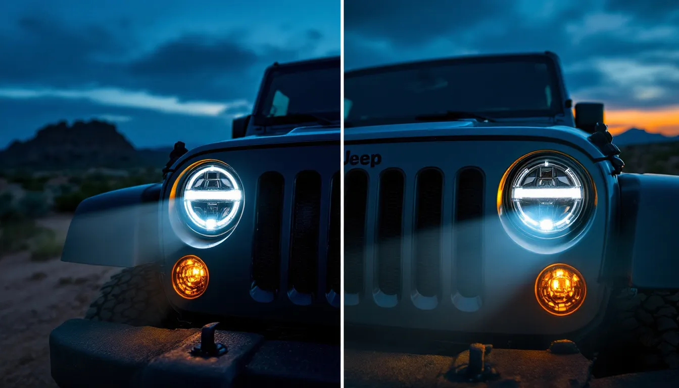 JW Speaker 8700 Evolution J2 and Trucklite 27270 LED headlights side by side on a Jeep Wrangler JK grille at dusk on a desert trail