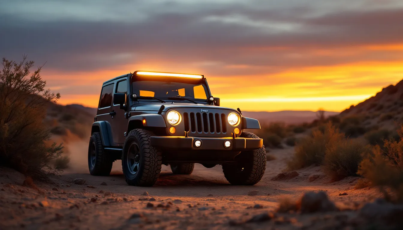 2014 Jeep Wrangler JKU with round KC-style auxiliary lights mounted on the A-pillar illuminating a dirt trail at dusk