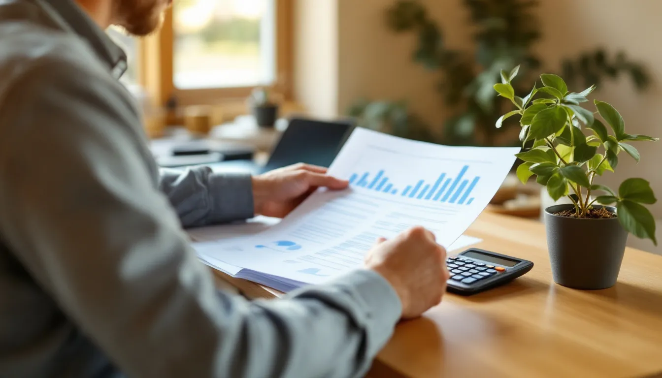 South African professional reviewing Liberty retirement annuity documents at a desk with a calculator and small plant
