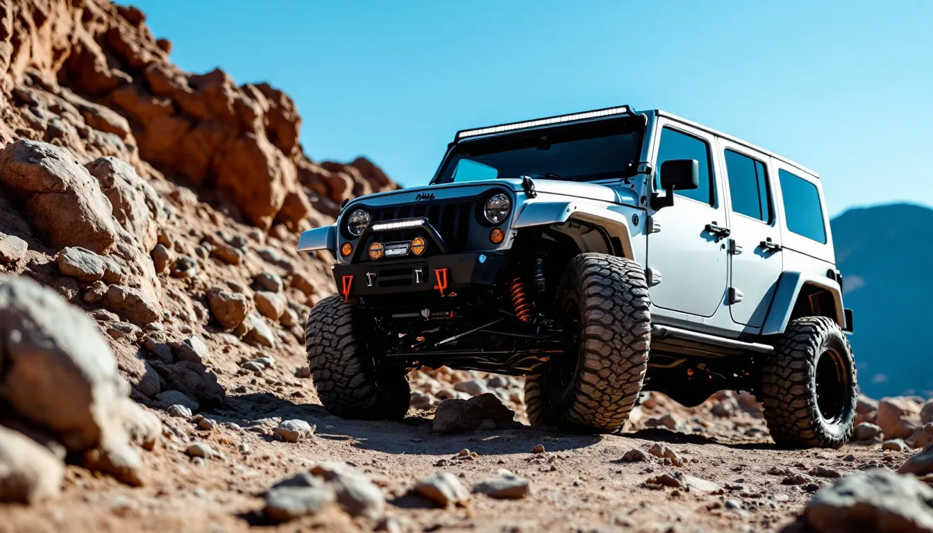 Lifted Jeep Wrangler JK Unlimited on a rocky off-road trail showing 3-inch lift height and 35-inch mud terrain tires