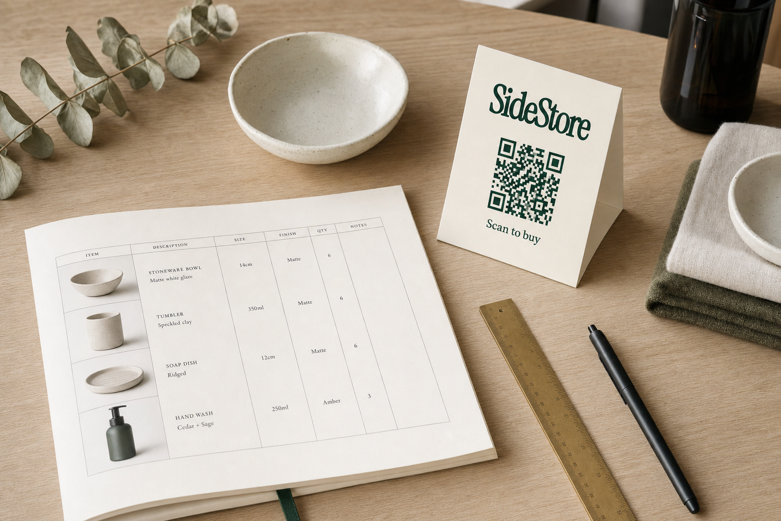 Overhead flat-lay of a wholesale line sheet document on a light oak desk beside a handmade ceramic bowl, brass ruler, and pen, styled in warm neutrals with an evergreen accent.