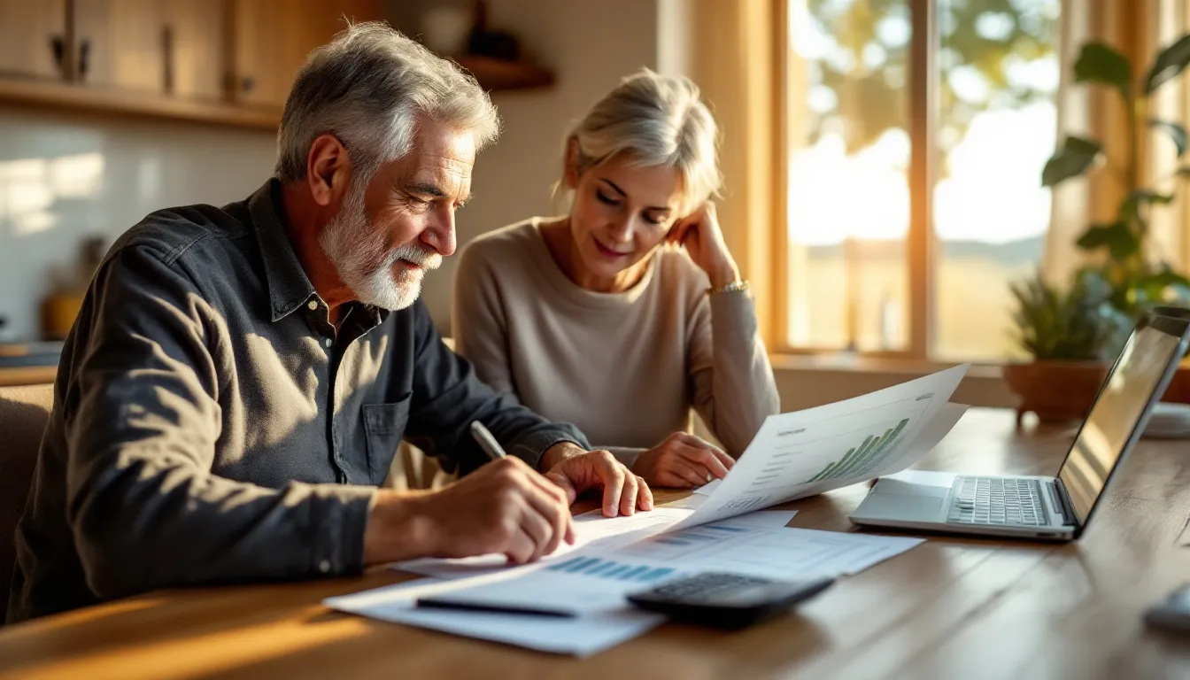 South African couple in their sixties reviewing living annuity documents at a kitchen table in natural light