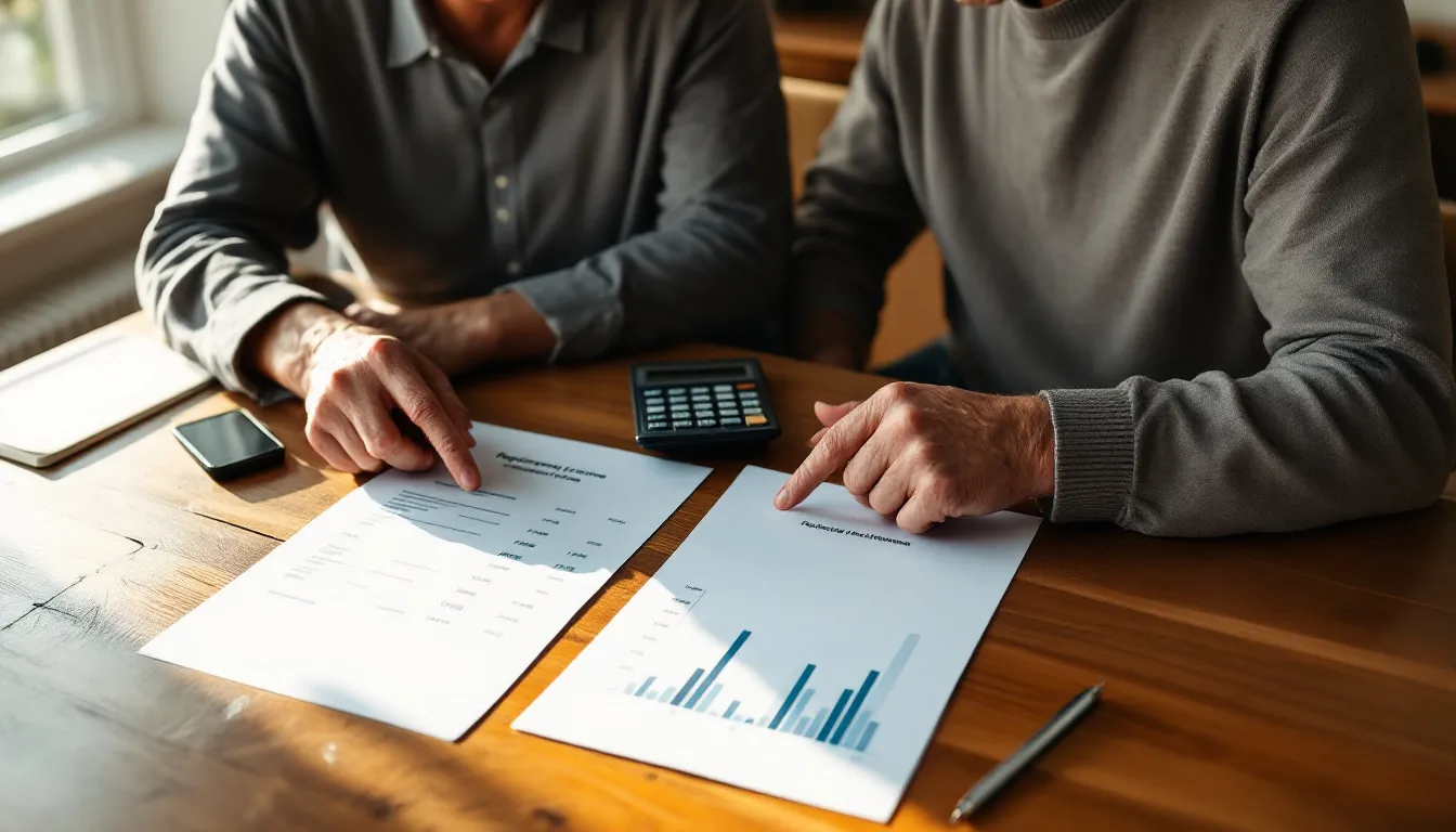 A South African couple in retirement comparing a guaranteed life annuity contract with a living annuity portfolio statement at their dining table
