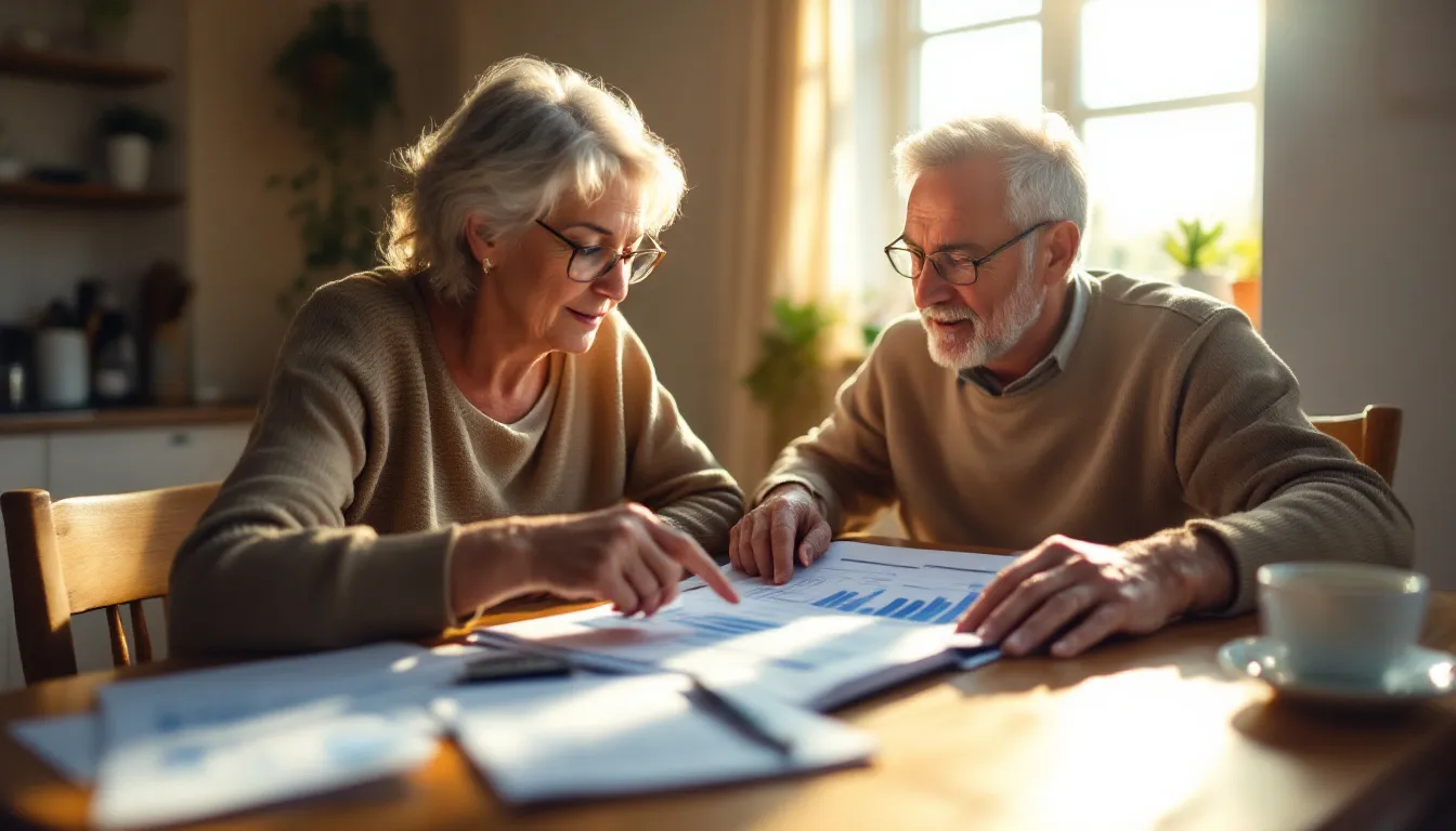 A South African retiree couple reviewing living annuity withdrawal documents at their kitchen table in warm morning light