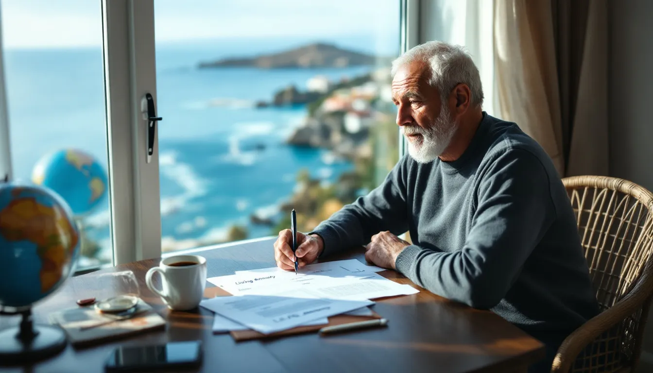 A South African man planning his retirement annuity options while considering living abroad, reviewing living annuity and life annuity documents at a desk with a view of an overseas destination.