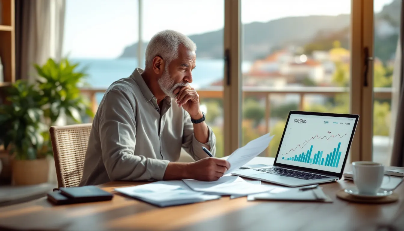 South African retiree reviewing retirement planning documents at a desk with a laptop, with a view of an overseas landscape through the window, representing the decision between living and life annuities for retirement abroad.