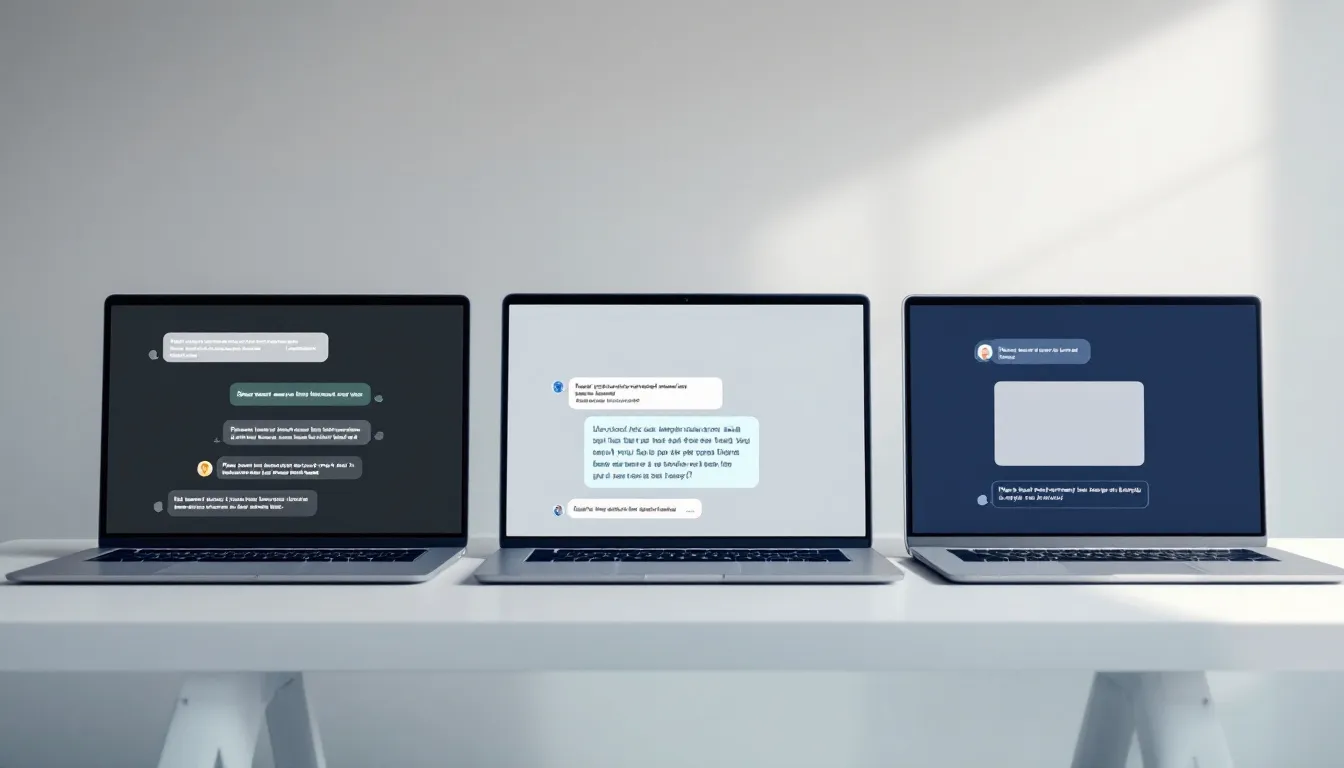 Three AI chat assistant interfaces displayed on laptop screens, each showing a different sponsored ad unit embedded inside an assistant text response, illustrating what LLM ad examples look like across multiple platforms