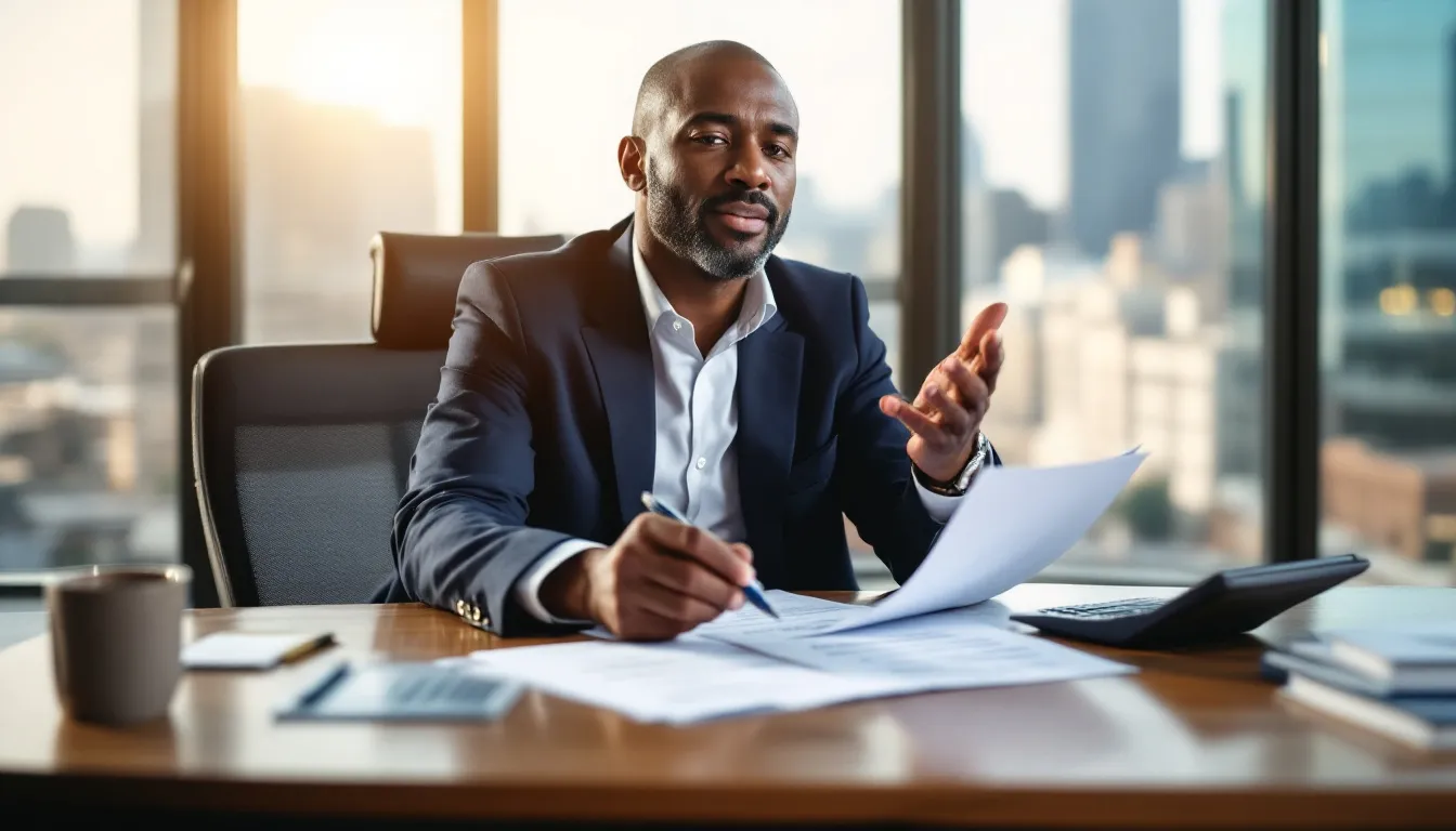 A financial advisor in an office reviewing retirement income documents, representing the careful consideration of transferring a lump sum to a living annuity