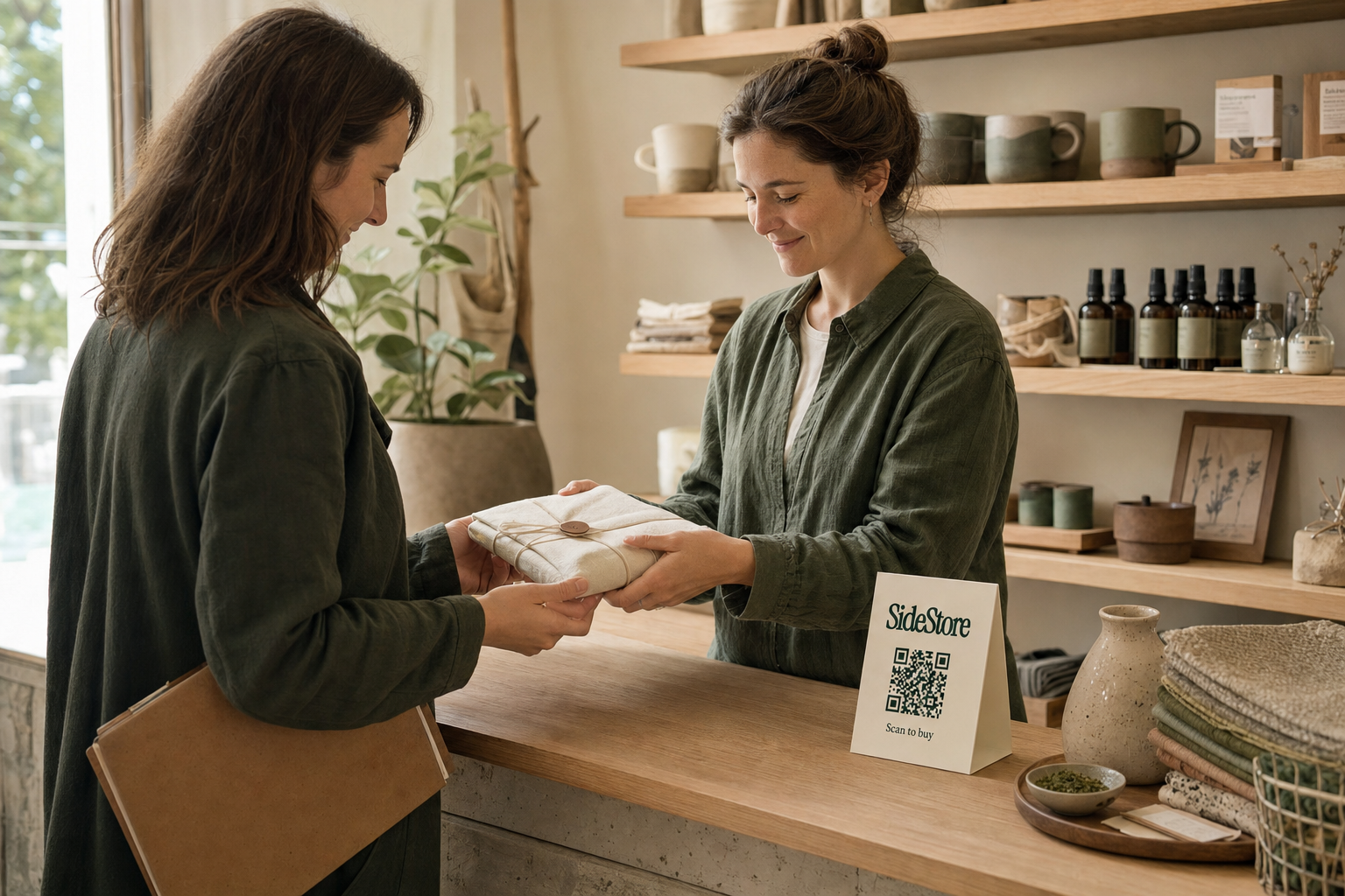 A maker hands a packaged product sample to a boutique owner across a wooden shop counter, both looking at the product in natural daylight, with shelves of curated goods visible in the background.
