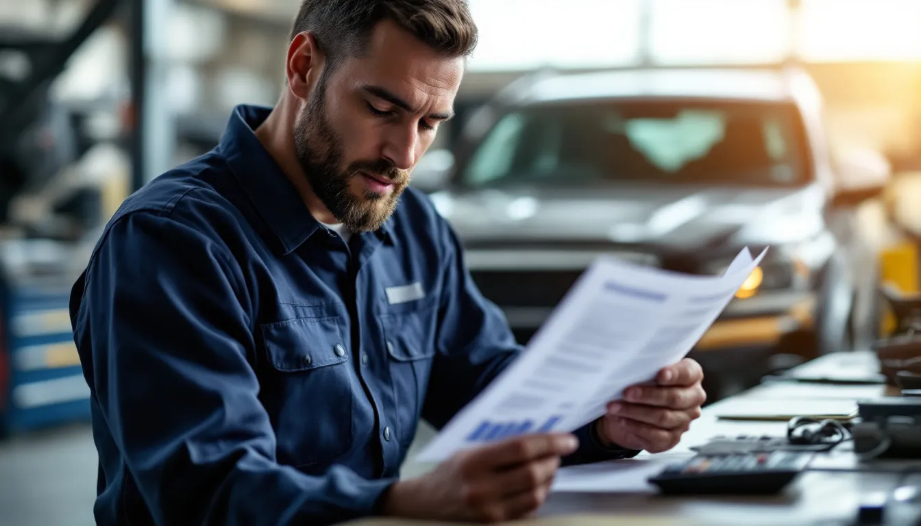 South African motor industry mechanic reviewing a MIBCO provident fund statement in an automotive workshop