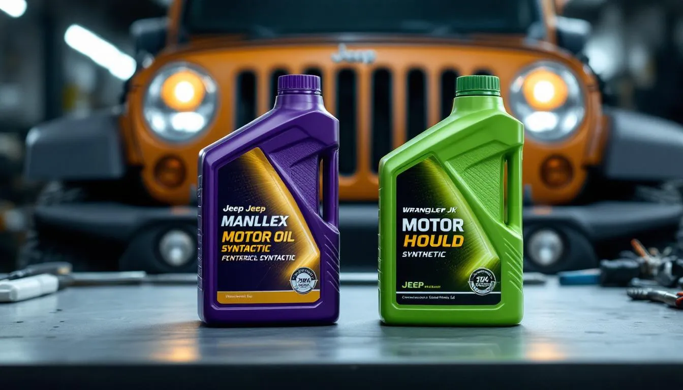 Split-screen comparison of synthetic and conventional motor oil bottles in professional automotive workshop with Jeep JK Wrangler in background