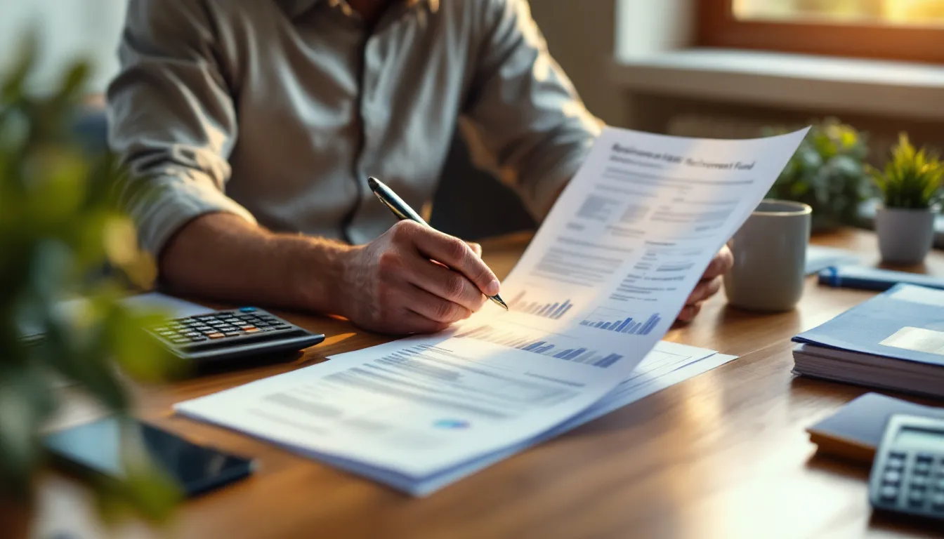 South African professional reviewing Momentum Provident Fund documents at a desk with a calculator and retirement paperwork