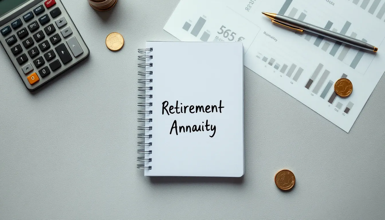 Flat-lay of a notepad labelled Retirement Annuity, a pen, a calculator, and South African rand coins on a neutral desk surface, representing retirement planning in South Africa