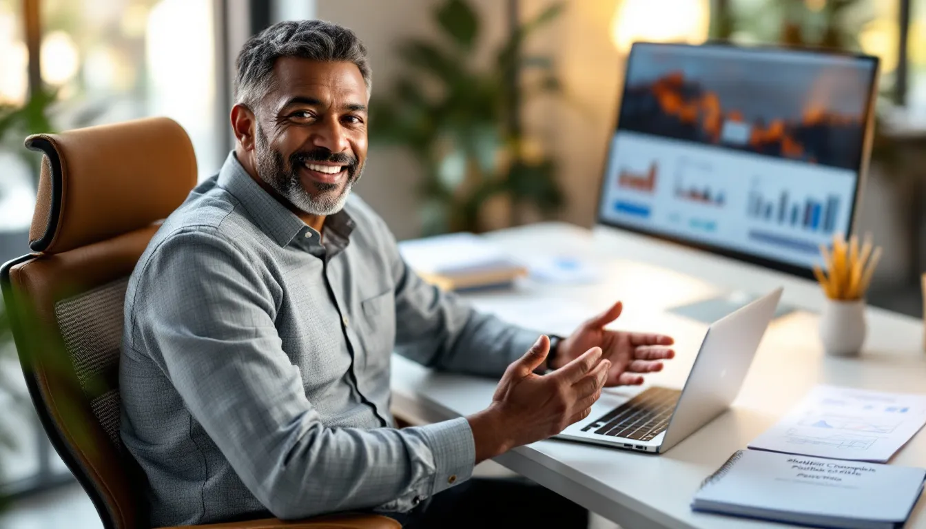 Munaf Mukadam, a CFP financial advisor, explains Shari'ah-compliant investment strategies at his desk, with portfolio charts and investment documents visible in a modern South African office.