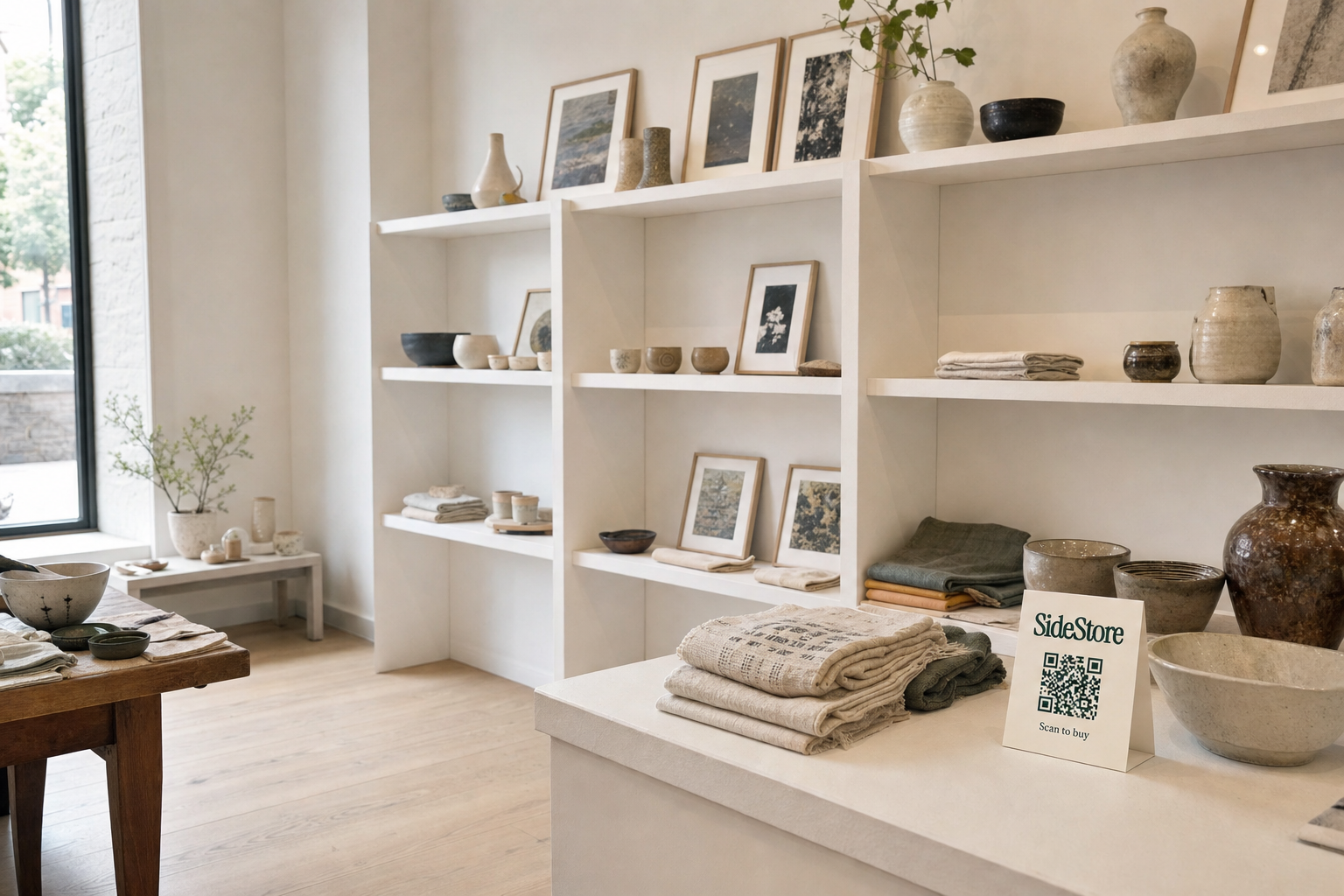 A bright, minimal museum gift shop interior with handmade ceramic objects, art prints, and textile pieces arranged on white wooden shelving in natural daylight