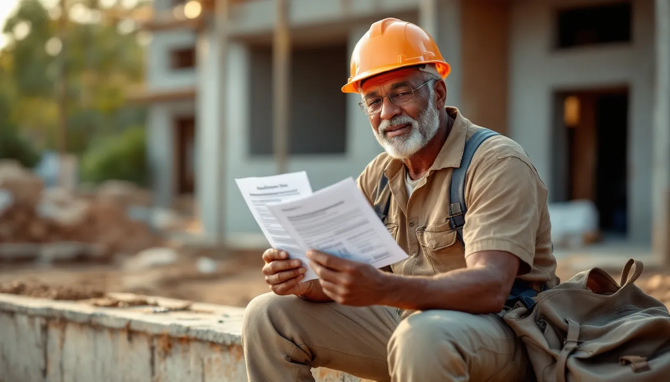 South African construction worker reviewing NBC Provident Fund paperwork at a building site