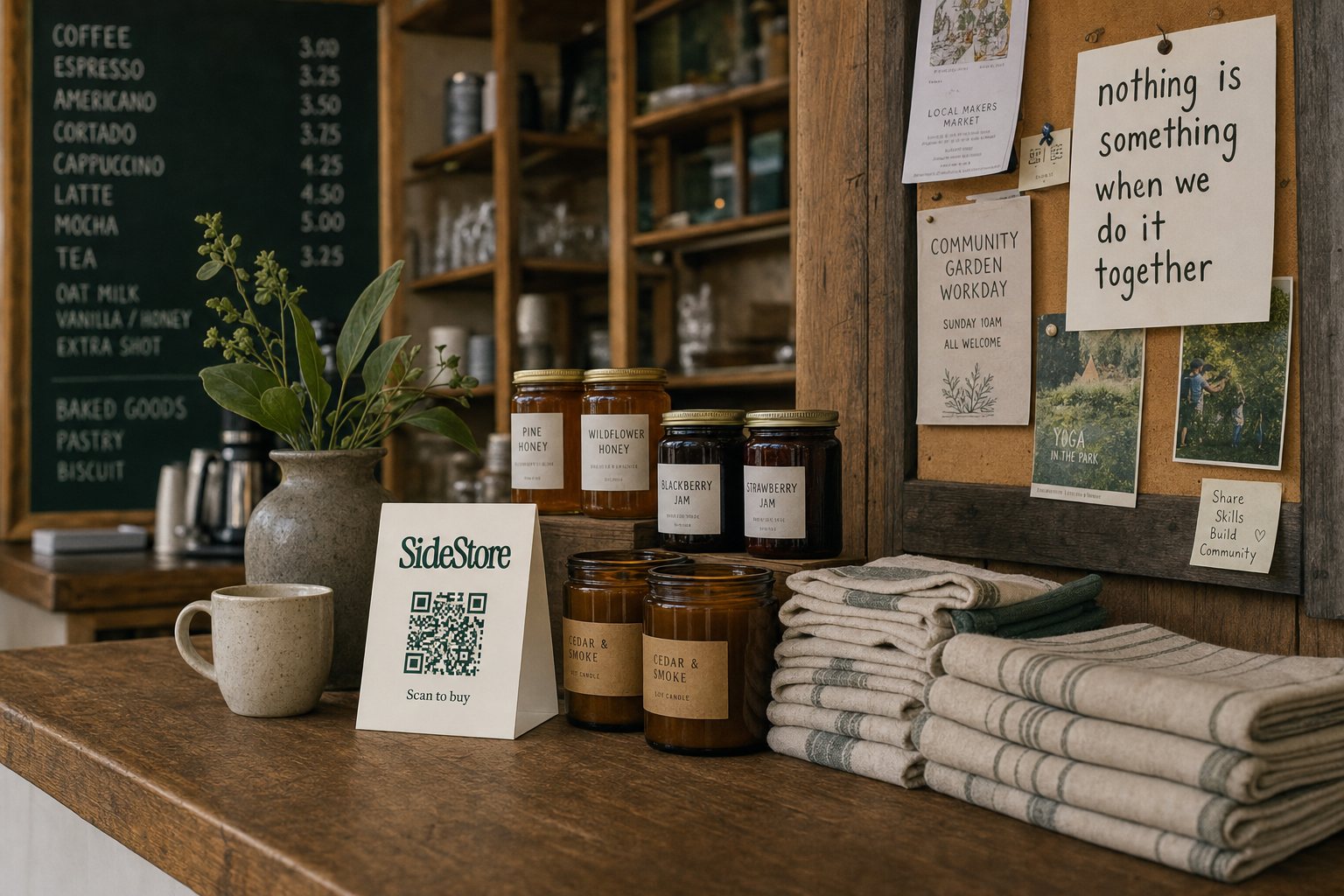 Interior of a mission-driven independent coffee shop with warm wood shelving, locally made goods on display, a chalk menu board, and a community notice board — no people in frame