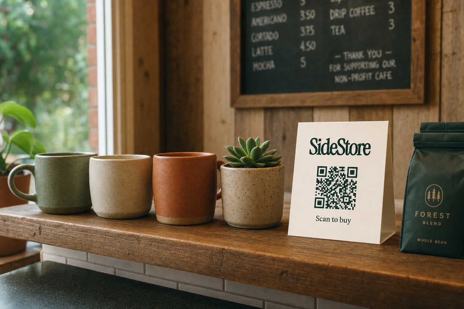 Handcrafted ceramic mugs on a timber shelf inside a non-profit coffee shop, with a folded SideStore tent card standing beside them displaying a scan-to-buy QR code, bathed in soft natural light.
