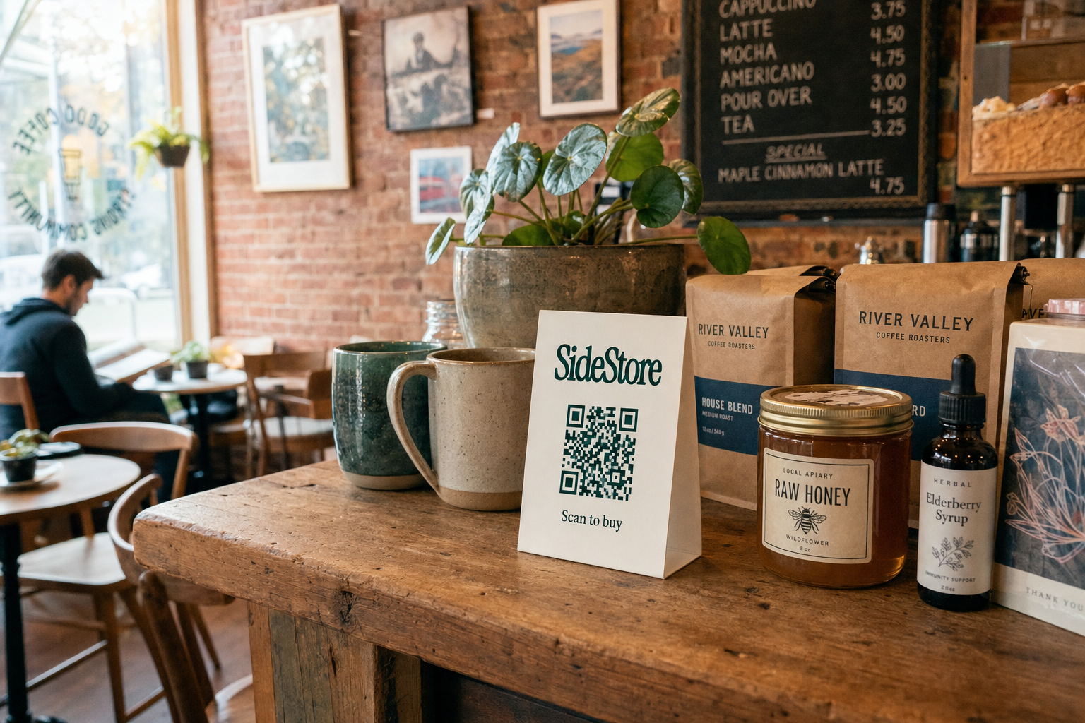 Warm non-profit coffee shop interior with exposed brick, local artwork, a hand-lettered chalkboard menu, soft morning light, and an ivory SideStore A-frame tent card standing on the wooden counter beside handmade ceramic mugs and artisan goods.