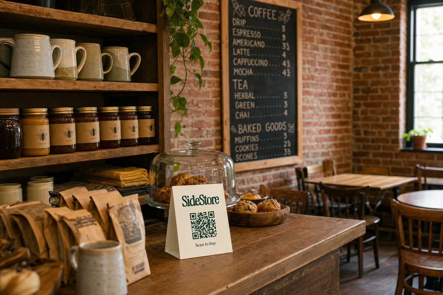 Warm non-profit community coffee shop interior with exposed brick, wooden tables, chalkboard menu, and a small shelf of local artisan goods in natural light