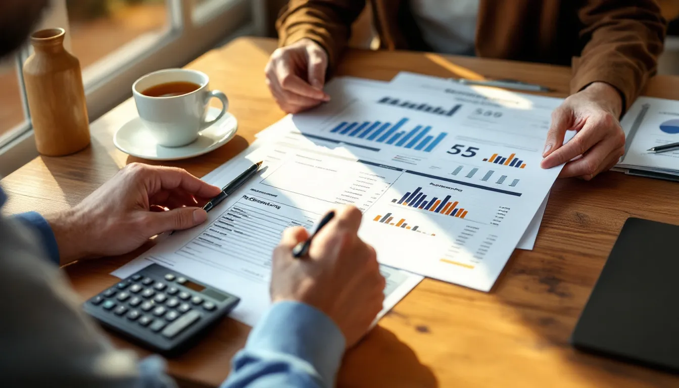 South African professional reviewing retirement annuity documents at a desk with a calculator and rooibos tea in warm natural light