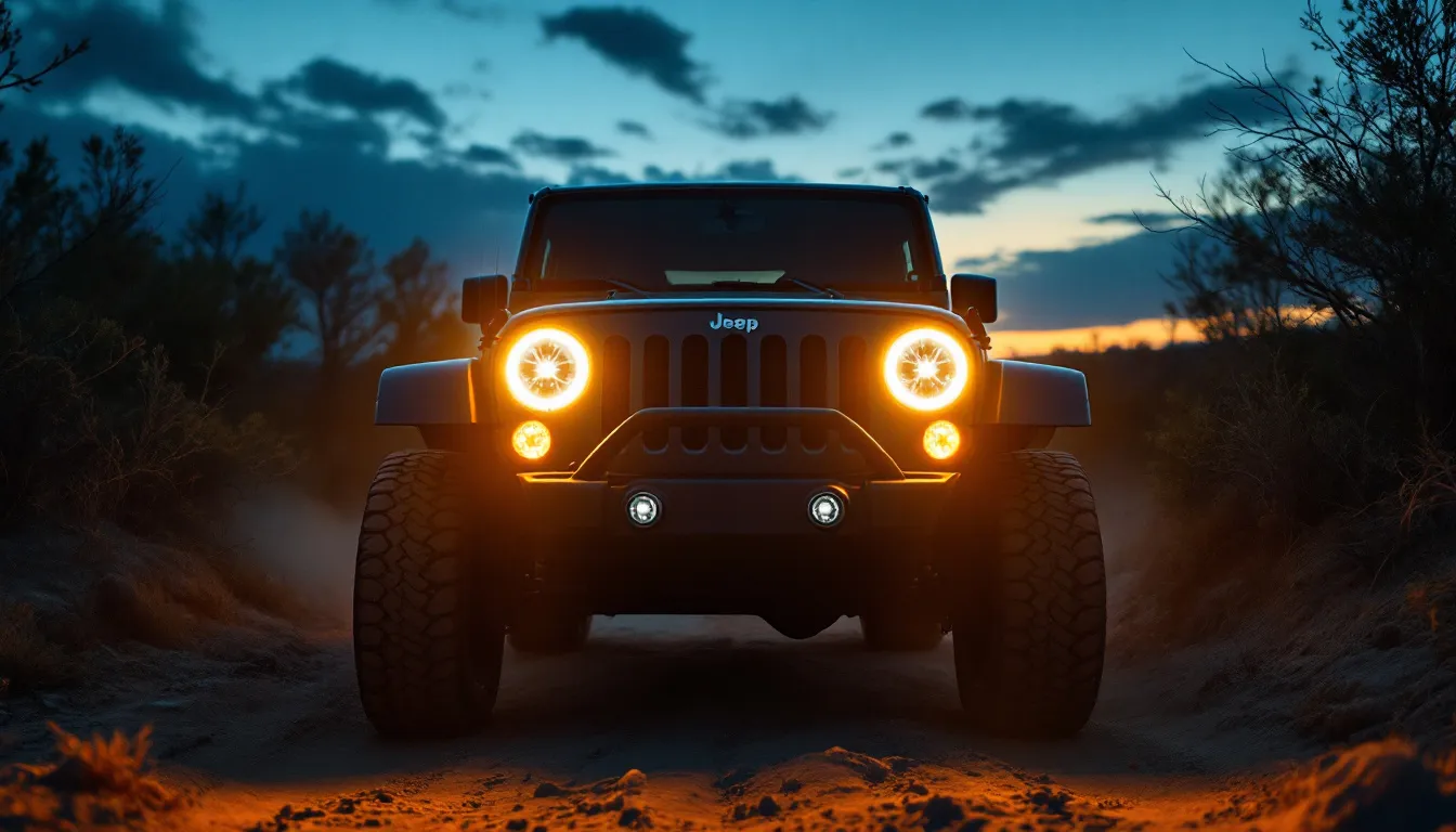 2007-2018 Jeep Wrangler JK with Oracle-style 7-inch round LED headlights and halo rings illuminated at dusk on a dirt trail