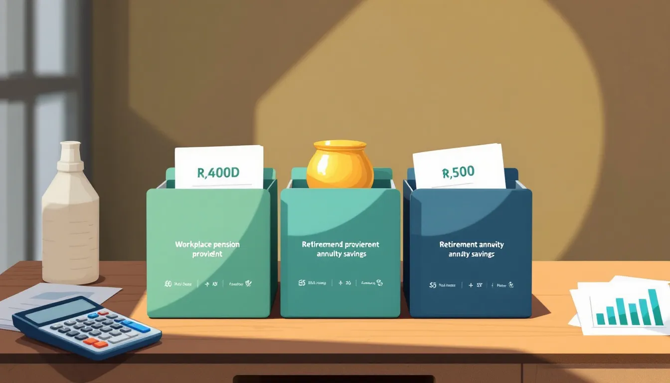 Three retirement savings vehicles, pension fund, provident fund, and retirement annuity, represented as folders on a desk converging toward a single retirement savings goal, with a calculator and rand documents nearby